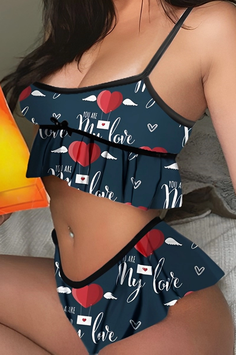Alt Text:Navy blue bulk lace transparent pajamas with balloon heart and quote