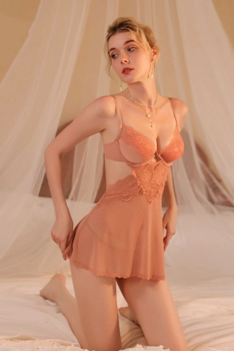 Alt:OEM lace Lingerie Pajamas in apricot pink tone with cutout lace front