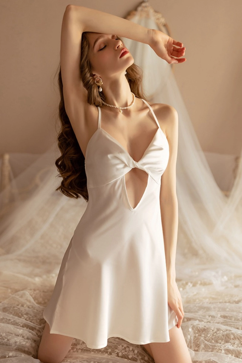 Alt: Ivory white OEM gypsy vintage lace pajamas with bow-tie bust and keyhole cutout