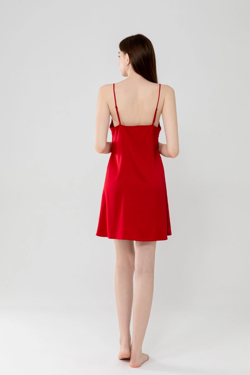 Alt Text:OEM lace ladies pajama in red showing open back design