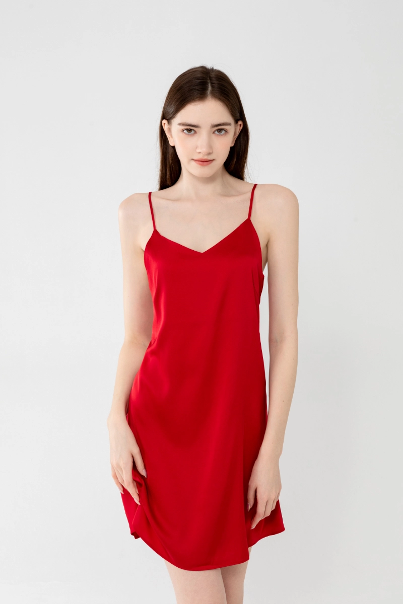 Alt Text:OEM lace ladies pajama in vibrant red front angle
