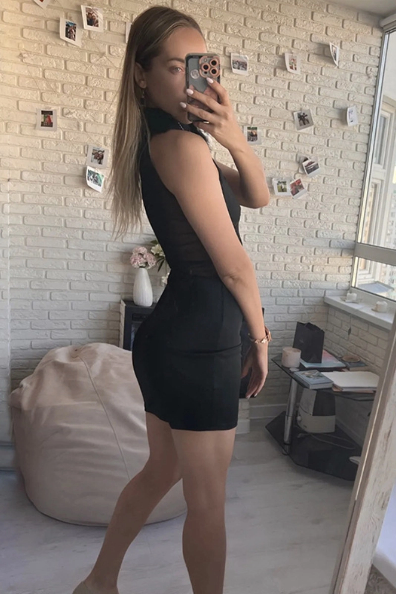 Side view of black OEM lace Pajamas set with mesh upper and slim fit