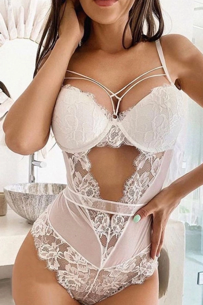 Alt Text:White OEM lace transparent pajamas with underwire cups and waist belt