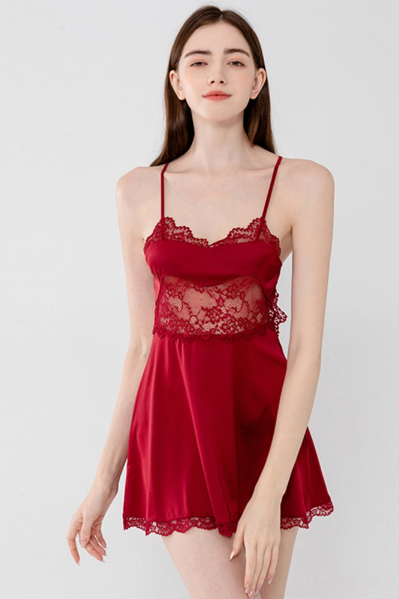 OEM lace wrap pajamas in burgundy with floral lace detailing