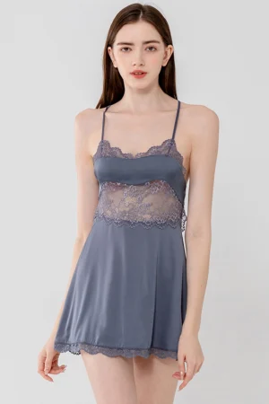 OEM lace wrap pajamas featuring slate gray lace and satin blend