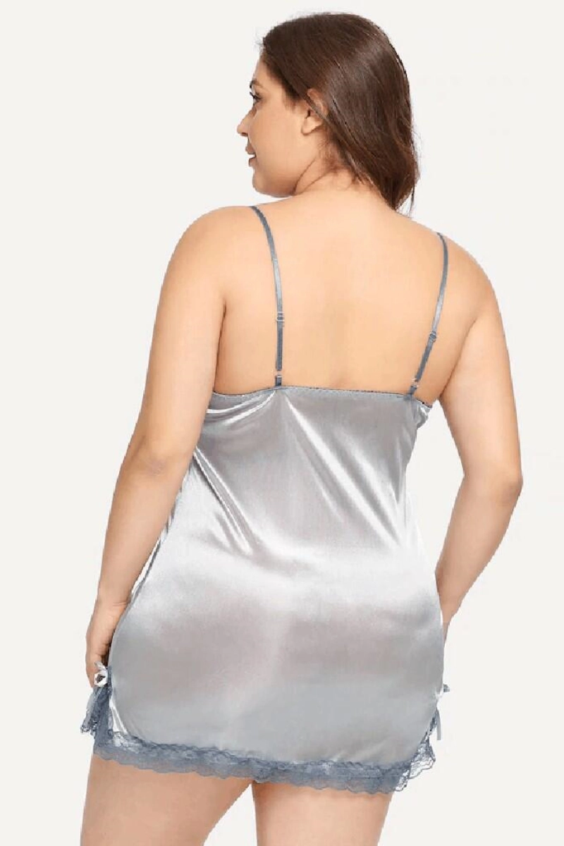 Plus size woman wearing OEM long lace pajamas plus size in silver grey, back view