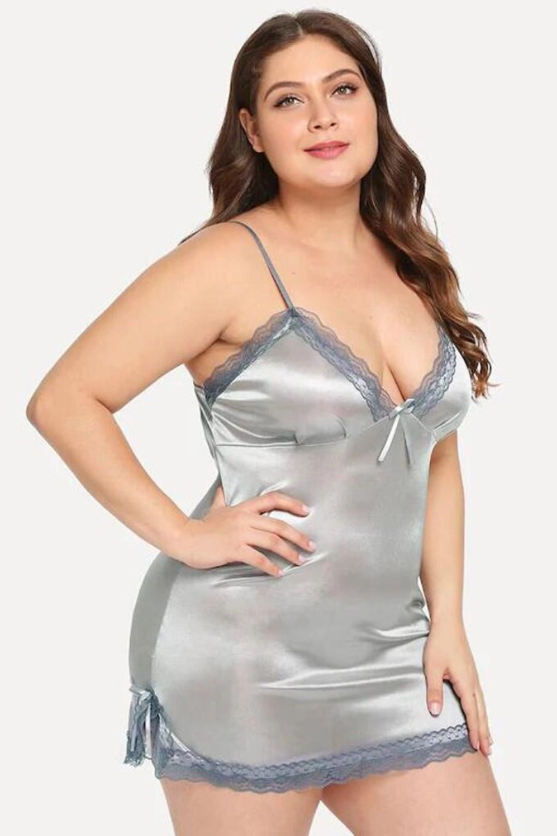 Front view of plus size woman wearing silver grey OEM long lace pajamas plus size