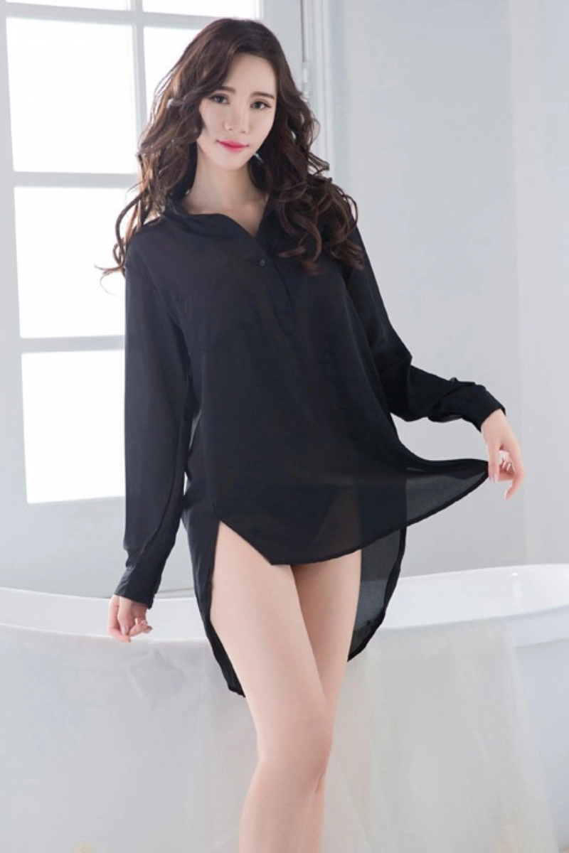 black oem long silk lace Pajamas with relaxed nightshirt cut
