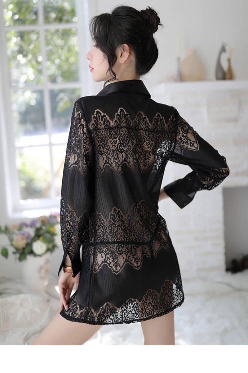 Alt:Black oem pajama satin lace nightshirt with see-through lace back