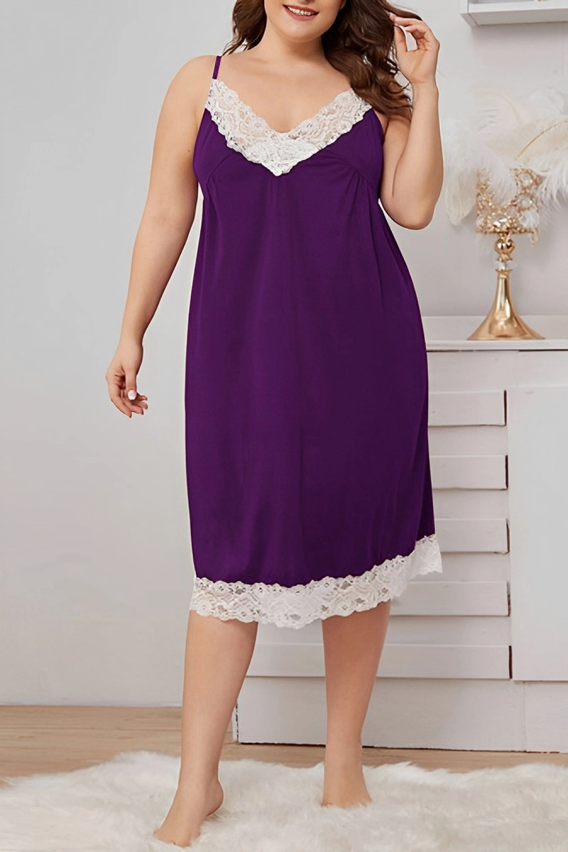 Plus size purple oem stretch lace bodice Pajamas with white lace trim