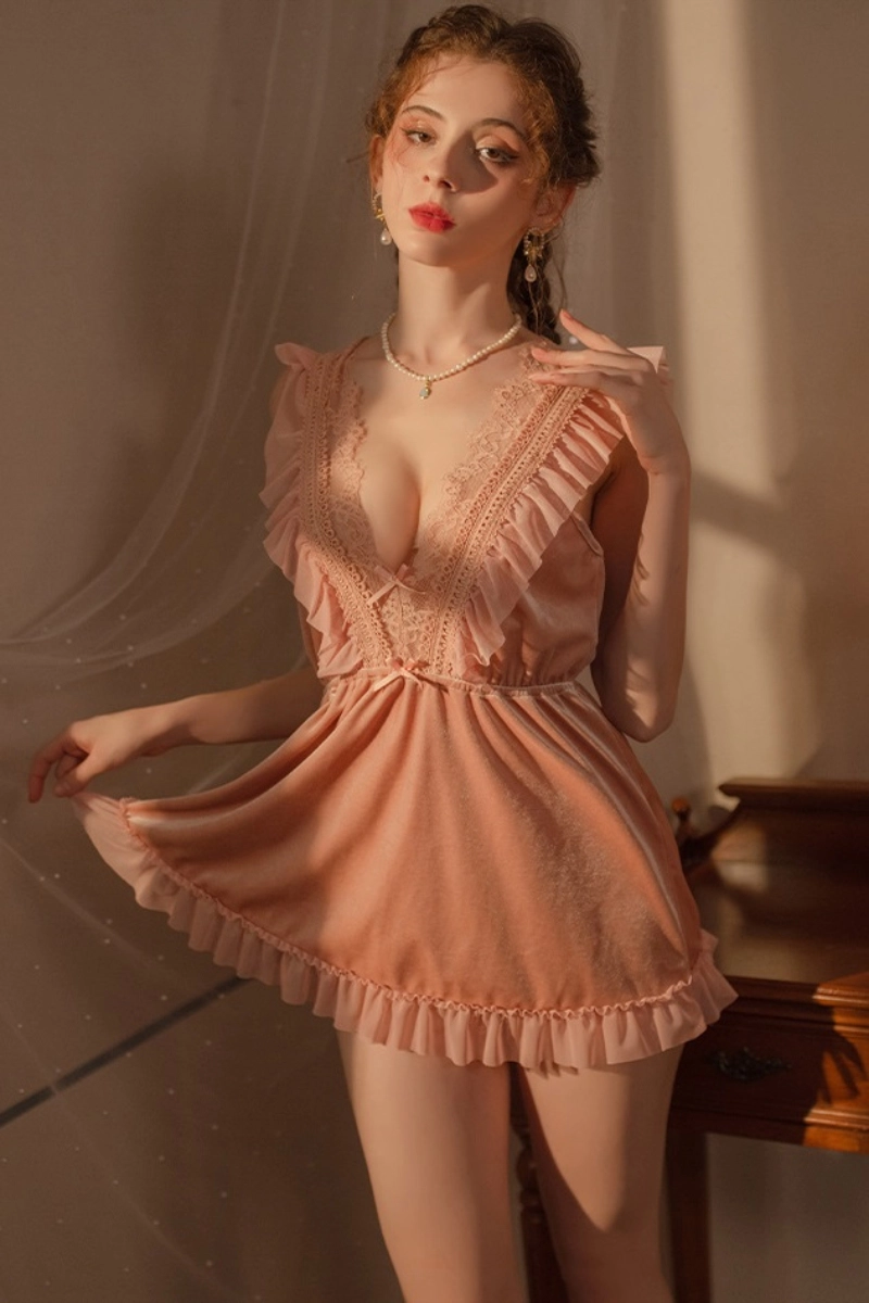 Alt text:bulk lace Pajamas cheap in peach with ruffle trim