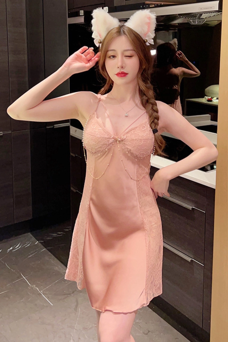 Alt Text:Pink bulk lace strappy pajamas with pearl detail and floral lace sides