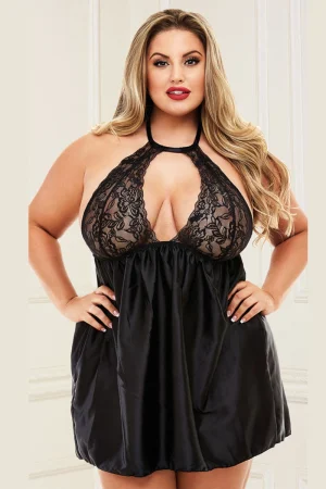 Alt: private label lace top nightgown in black for plus size women
