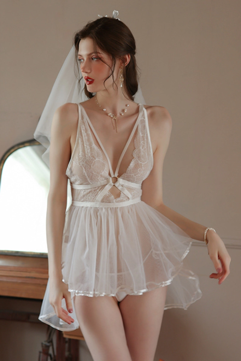 Alt Text:White private label juniors lace pajamas with mesh skirt and deep V lace top