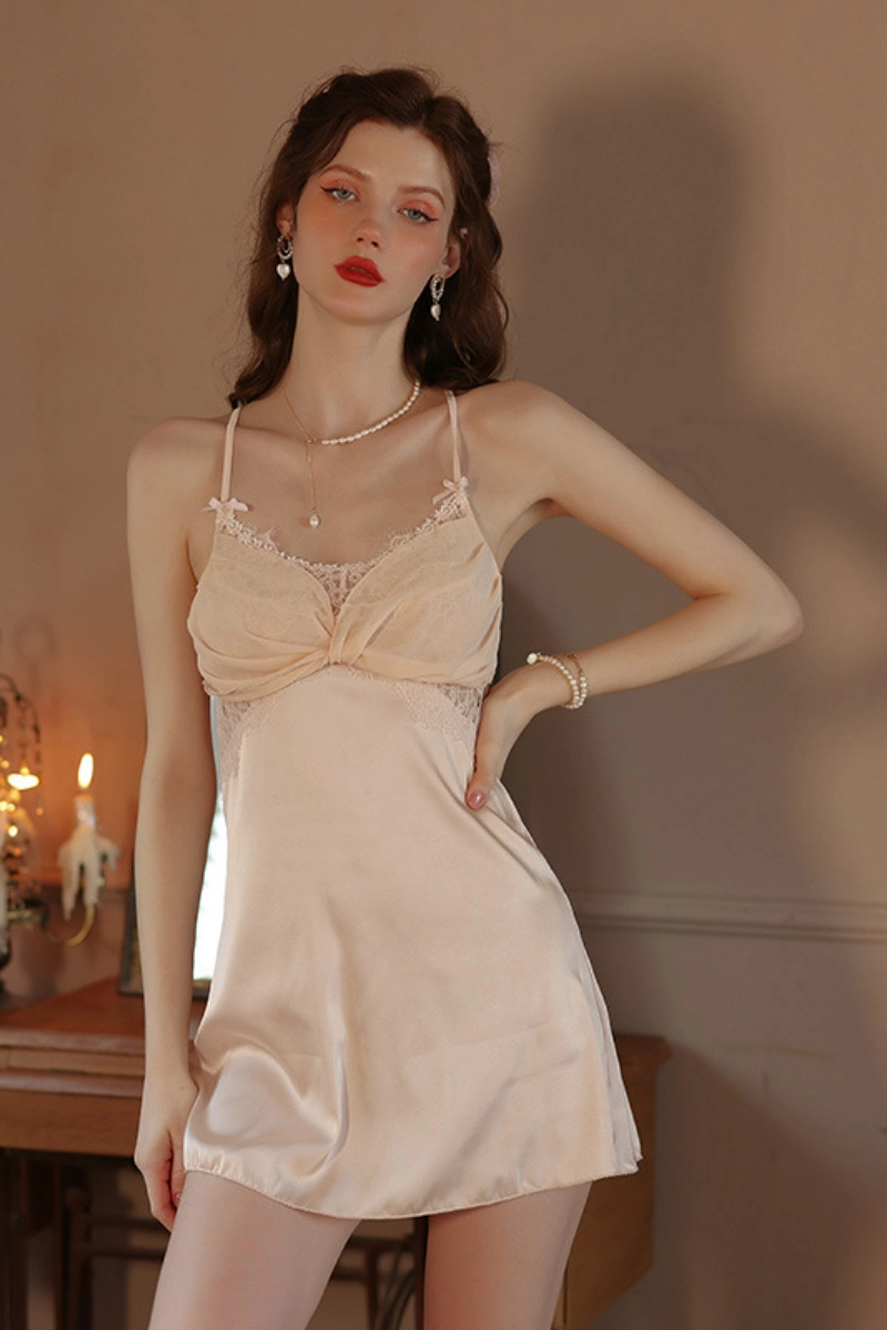 Alt: private label lace Pajamas long in soft nude beige tone