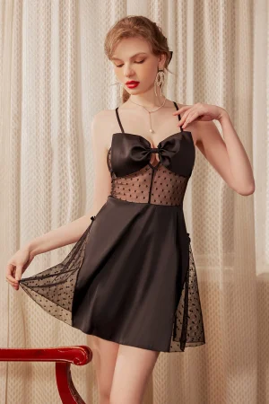 Alt：Private label long lace ladies pajamas with lace and bow detail in black