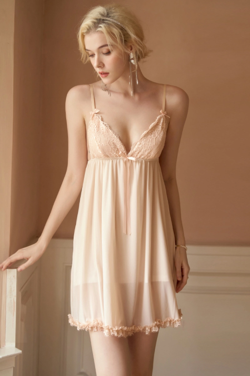 Alt Text: Blush pink private label long sleeve lace pajama with mesh skirt