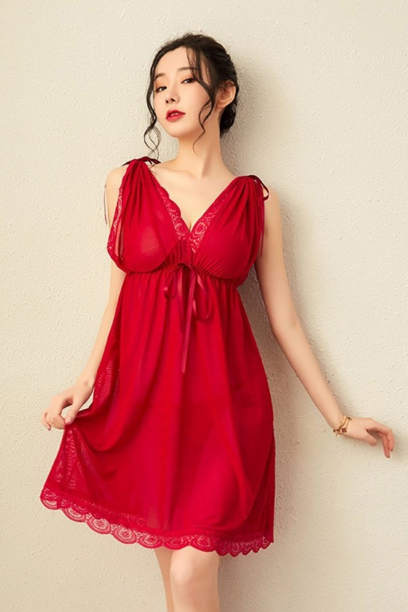 Alt Text:Red b2b chiffon and lace pajamas with deep neckline and lace hem