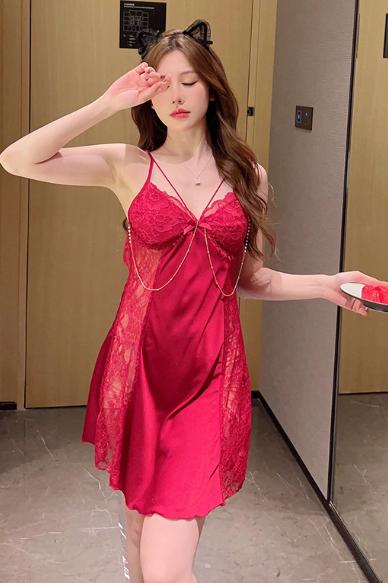 Alt Text:Red bulk lace strappy pajamas featuring see-through lace panels