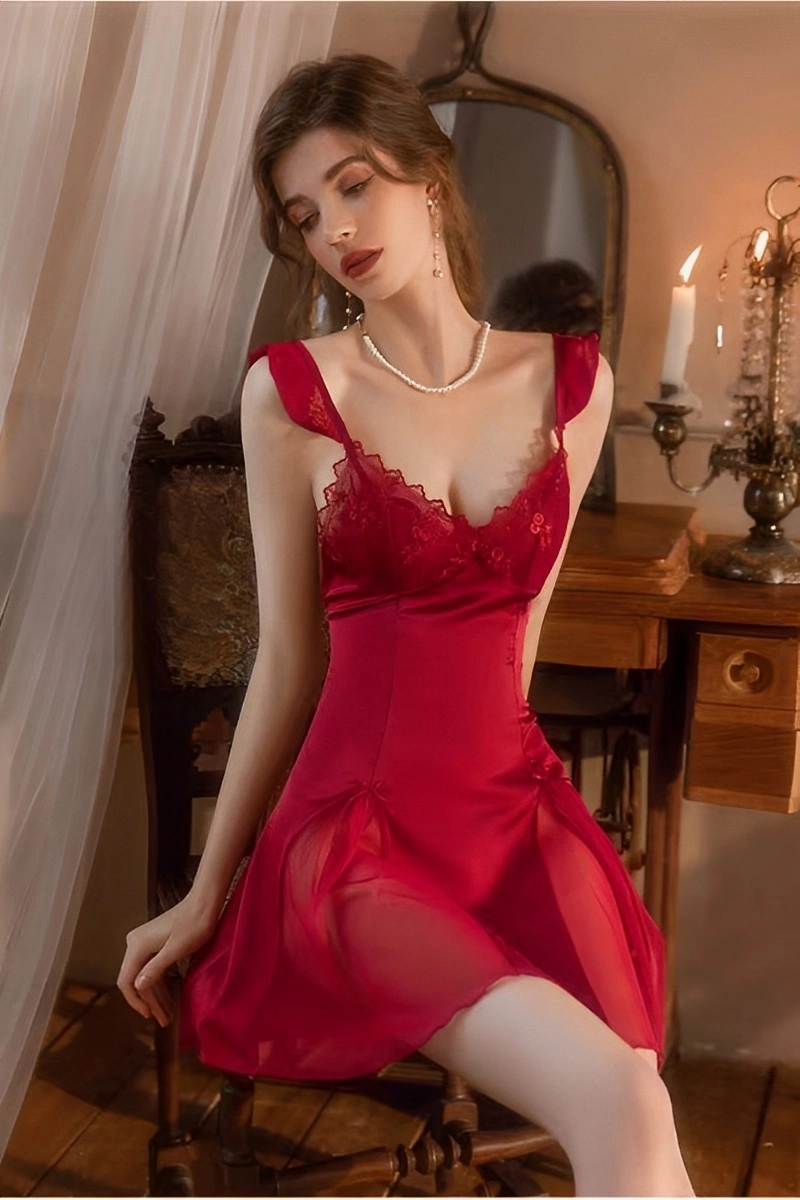Alt: Elegant red b2b knee length lace pajamas for wholesale