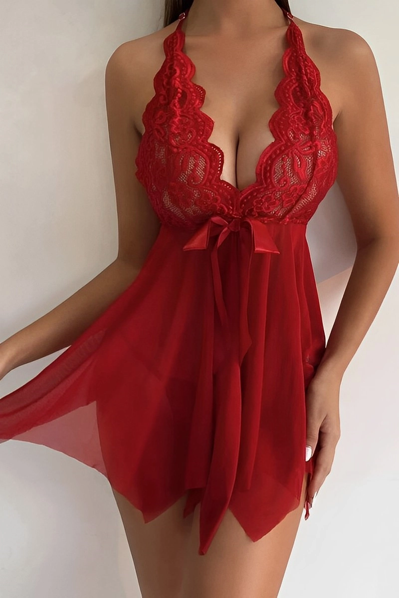Alt:Red wholesale stretch lace bodice pajamas with satin bow