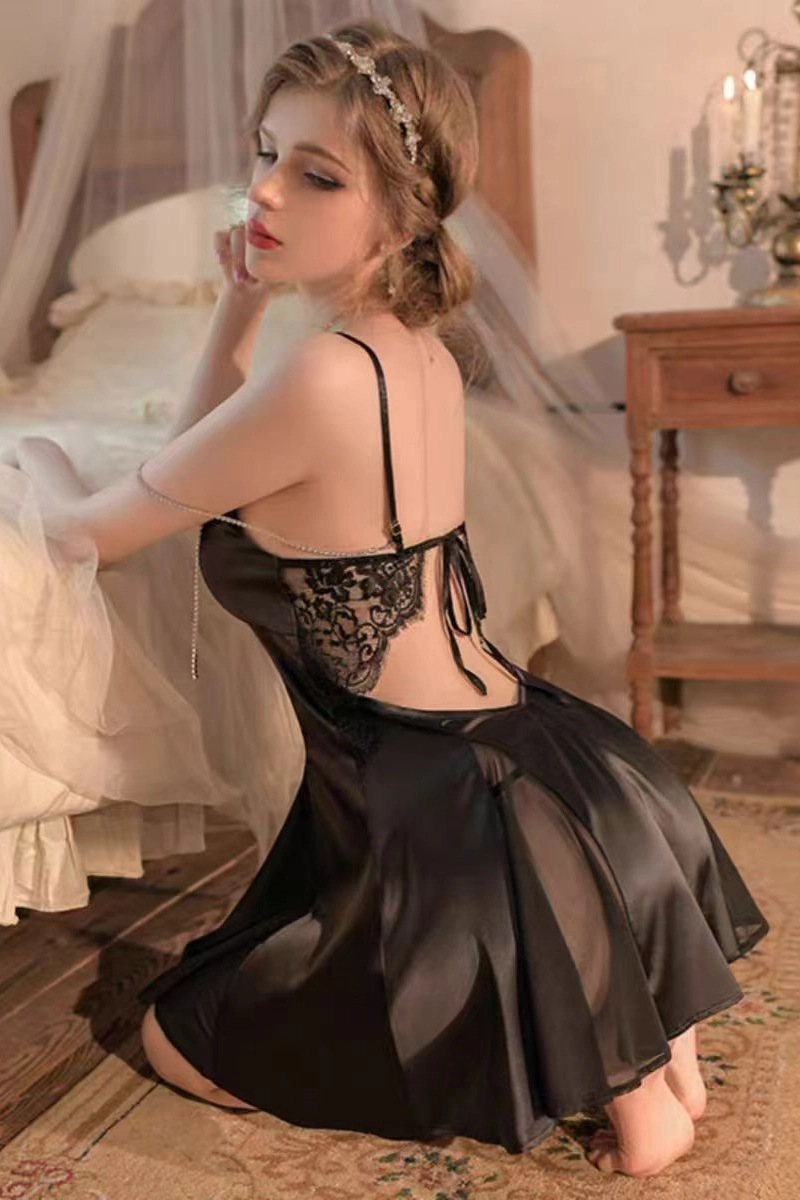 Alt:Back view of black bulk lace Pajamas torrid with sheer lace accents