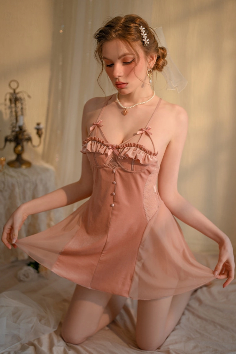 Alt Text：Pink brown wholesale lace silky Pajamas with lace cups and ruffled details