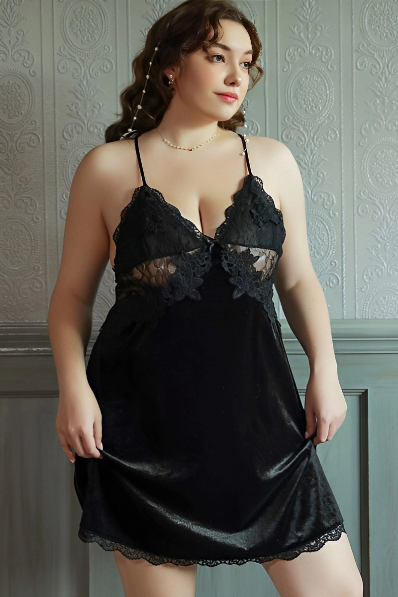 Alt Text:satin black wholesale lace top nightgown for curvy women