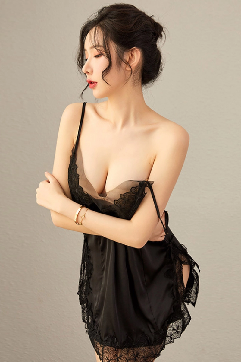 Alt: Black private label chiffon and lace pajamas featuring transparent mesh and lace side slits