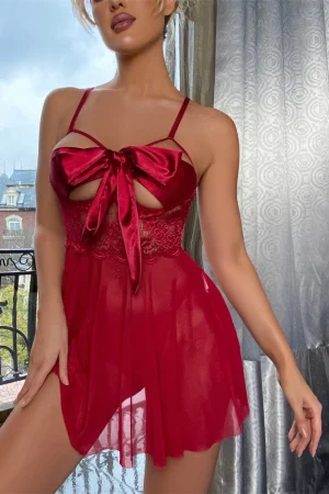 Front view of burgundy wholesale long sleeve lace pajamas with satin bow design