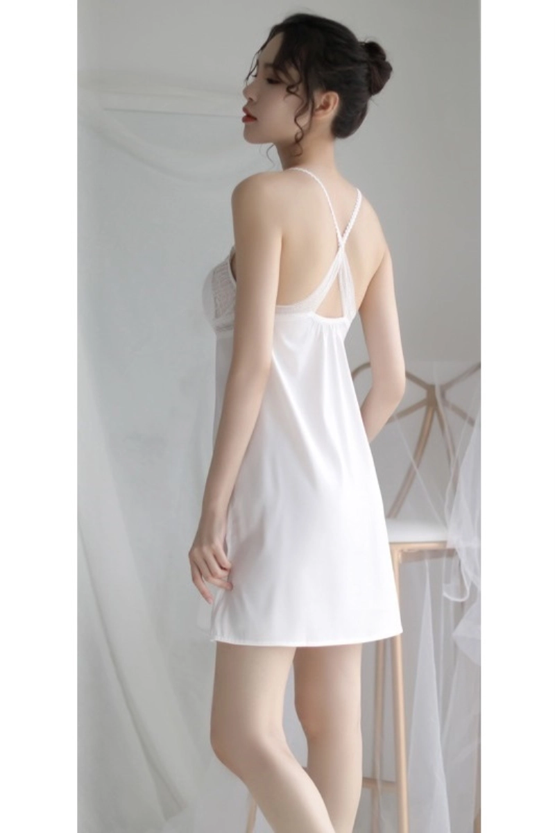 Alt Text:Model wearing white bulk vintage lace bodice Pajamas