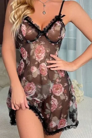 Front view of sexy wholesale lace strappy Pajamas with floral print