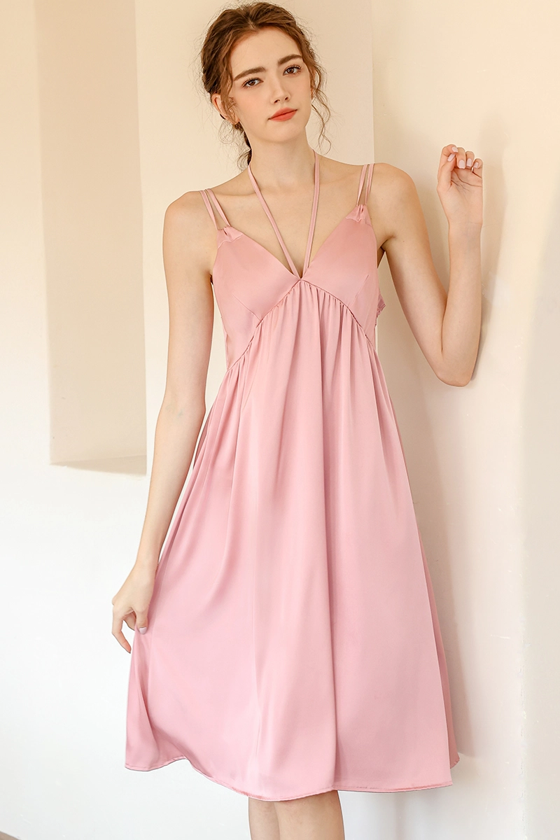 Alt:Private label linen lace pajamas in soft pink with halter straps