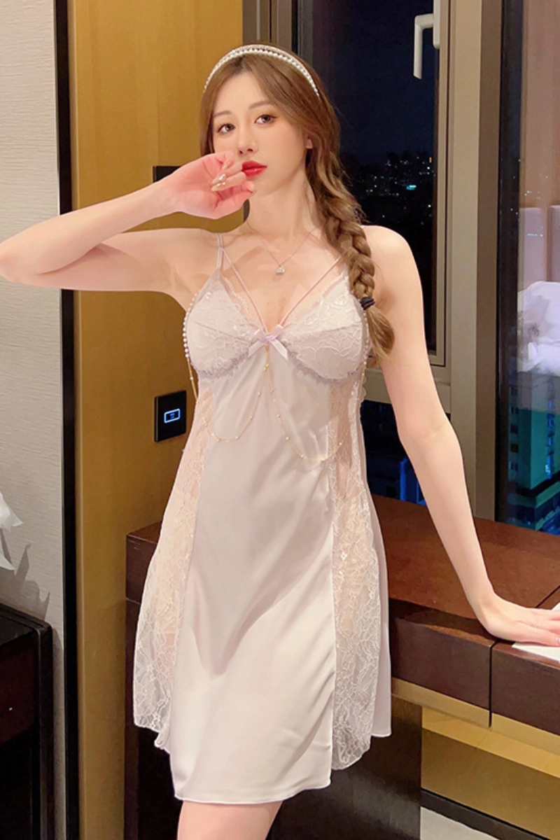 Alt Text:White bulk lace strappy pajamas with sheer lace bodice and pearl chain