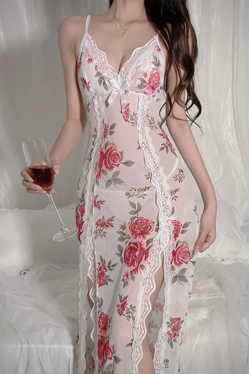 Alt Text: White wholesale lace Pajamas short with elegant red rose prints