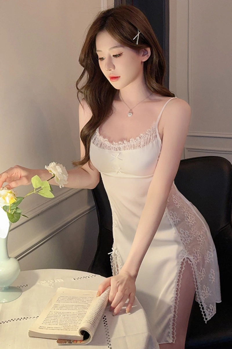alt text:White oem lace silky Pajamas with embroidered sides