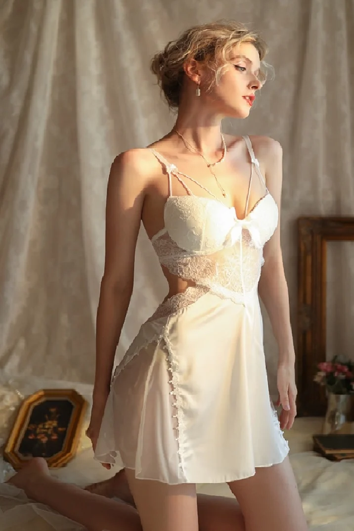 Alt Text:White oem lace bodice pajamas with elegant side slit