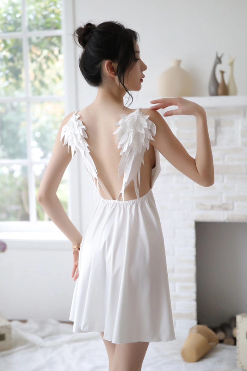 Alt:Private label pajama satin lace nightgown featuring angel wing-inspired back design