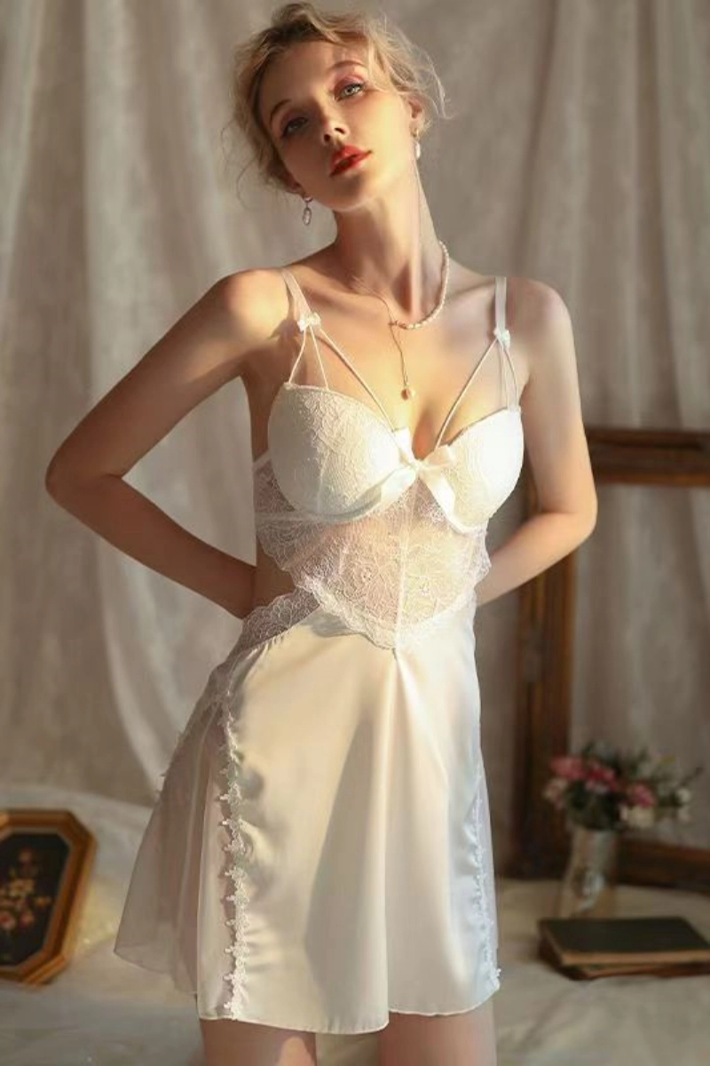 wholesale long silk lace Pajamas in white with sheer waist panel and bow