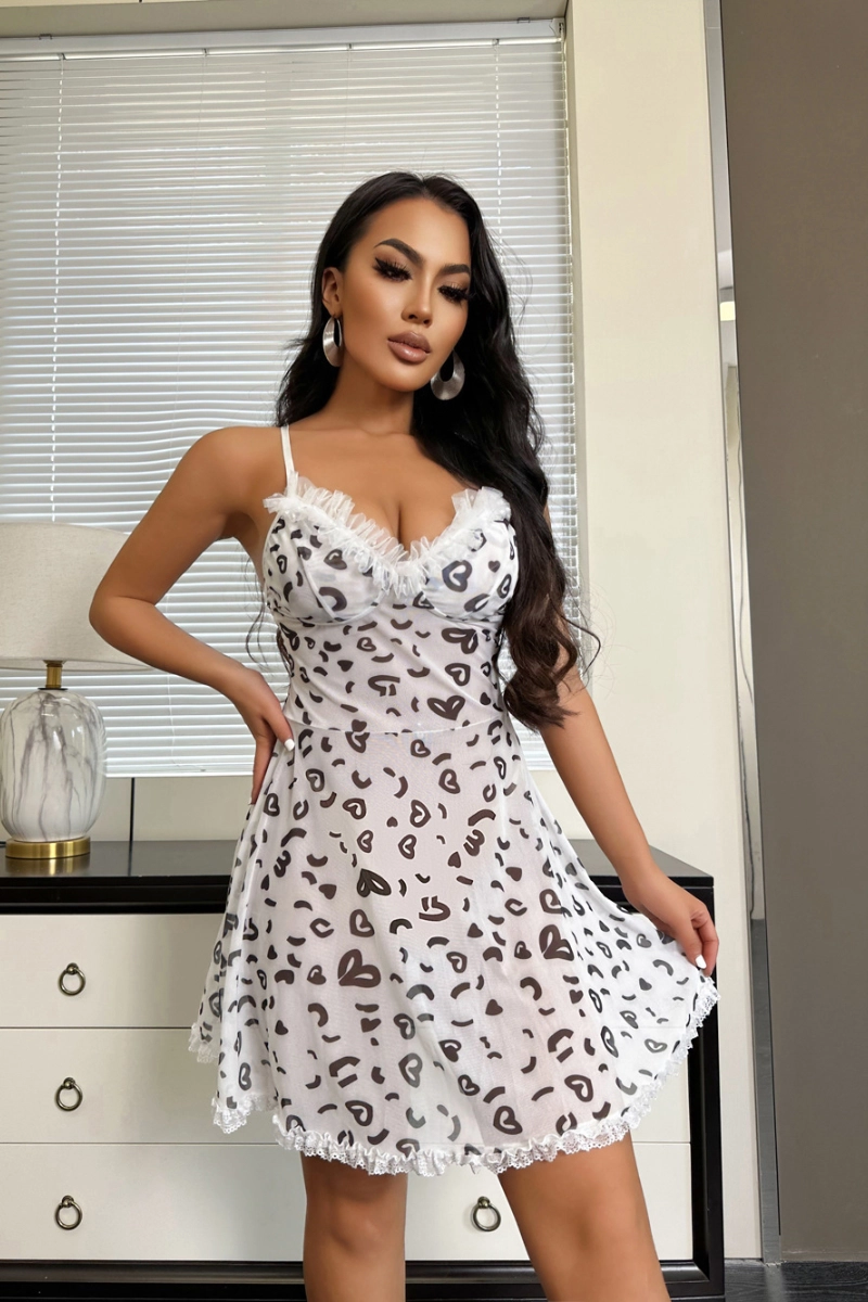 Front-facing view of b2b lace short Pajamas with lace trim and heart motifs