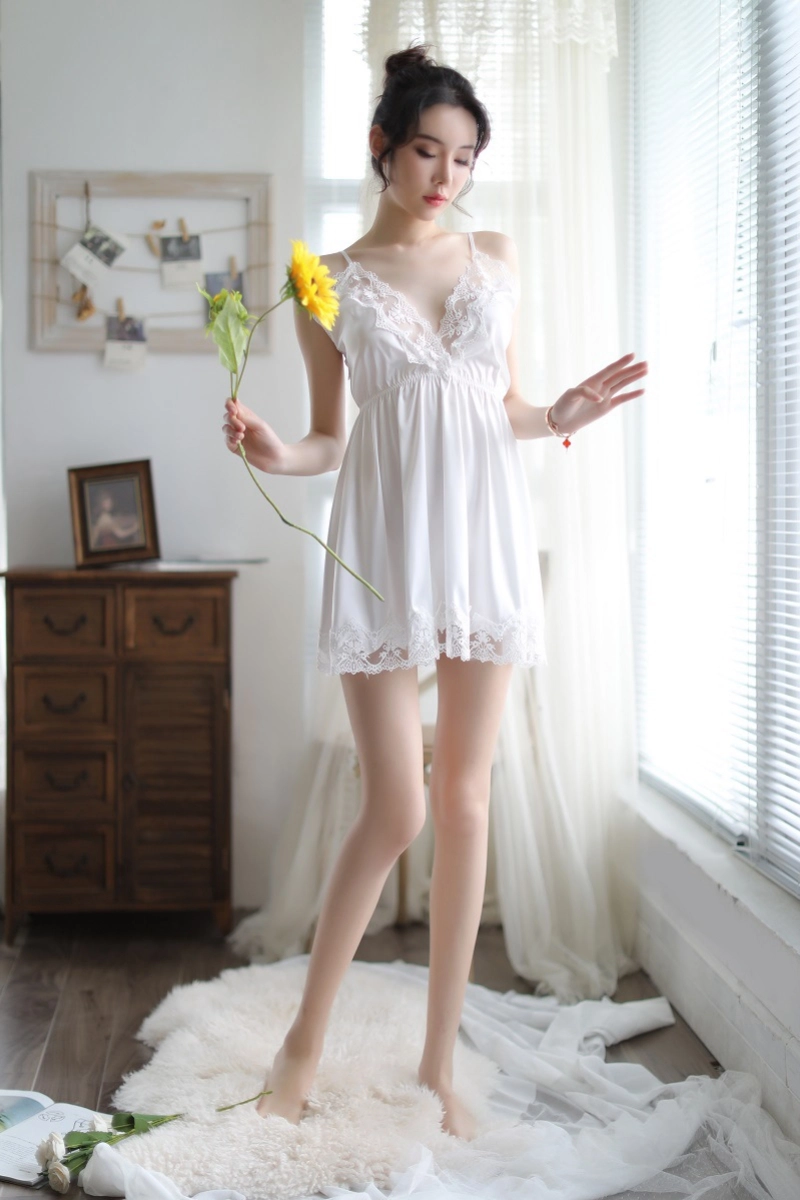 Alt:White wholesale lace slip nightgown featuring floral lace at the hem and neckline
