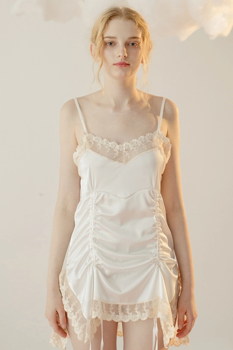 white wholesale frilly lace pajamas with ruched satin and sheer lace overlay