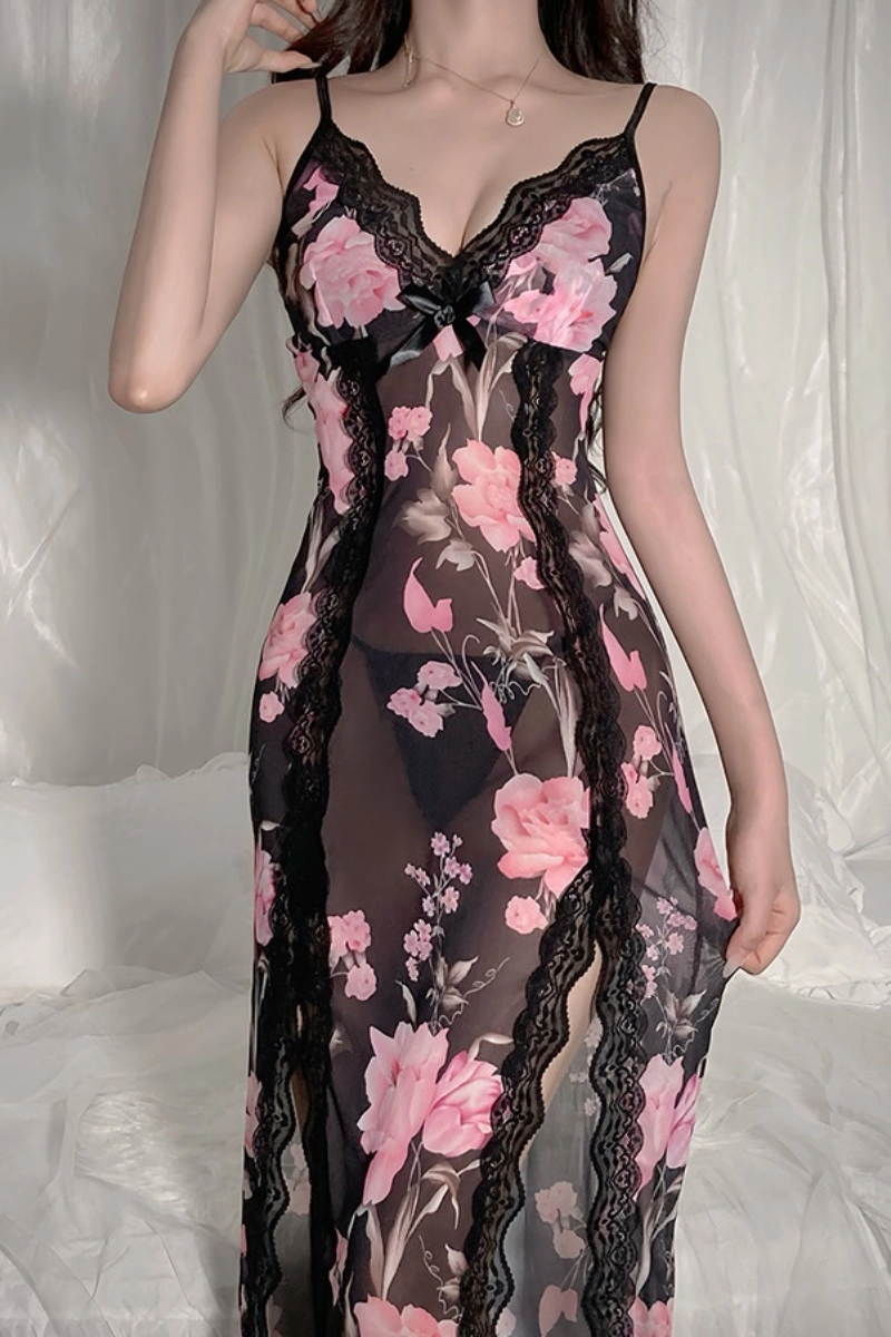 Alt Text: Alluring black wholesale lace Pajamas short featuring pink floral prints