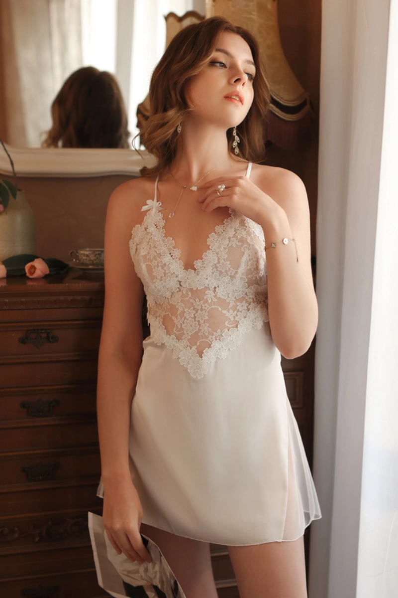 Alt Text: White wholesale lace sheer pajamas with elegant floral lace bodice