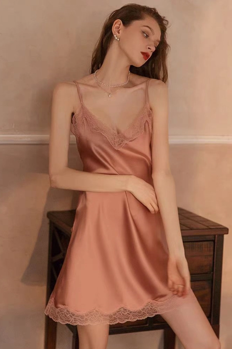 Alt:Apricot brown wholesale lace and silk pajamas with lace accents
