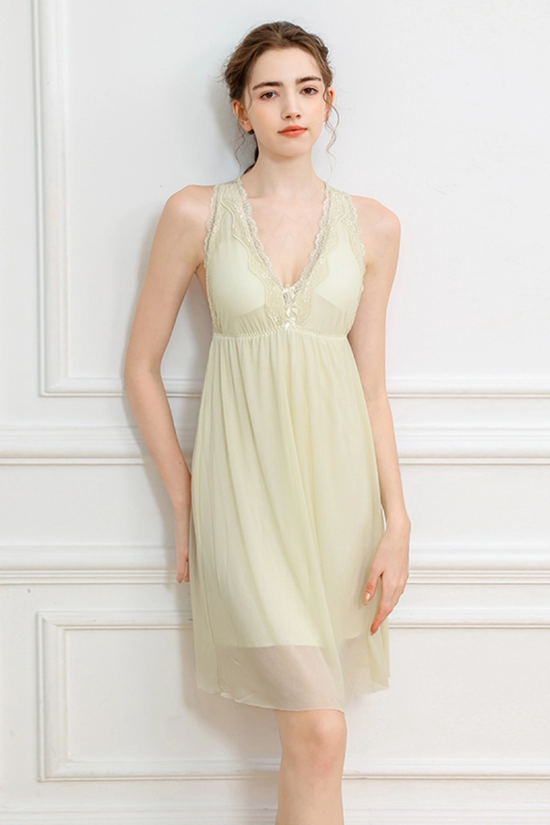 Alt Text: Wholesale linen lace pajamas featuring soft yellow color and delicate V-neck lace