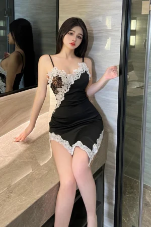 Elegant woman in wholesale transparent lace pajamas with lace details