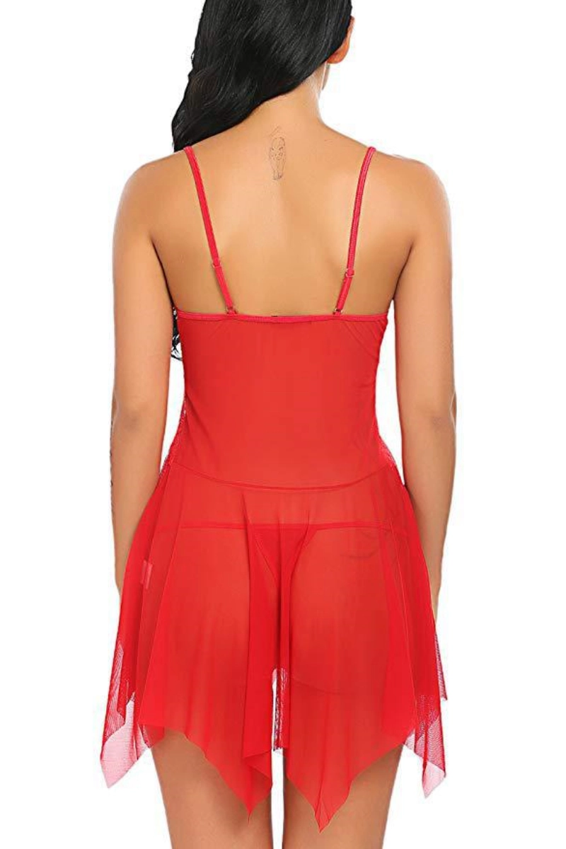 Alt Text：custom lace pajamas short in red shown from the back with sheer finish