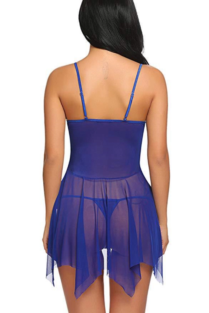 Alt Text：custom lace pajamas short in royal blue with flowing hem and mesh back