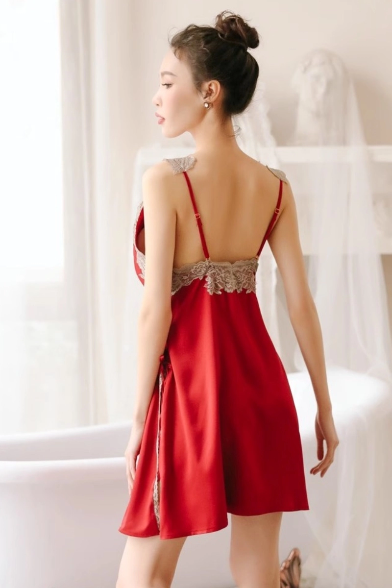 Alt Text: back view of crimson red custom burgundy lace Pajamas with lace band